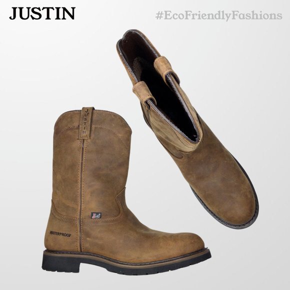 Justin Wyoming Mens Brown Waterproof Round Toe Pull On Work Boot Size 11D